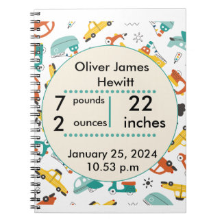 Custom cars birth statistic's newborn baby notebook