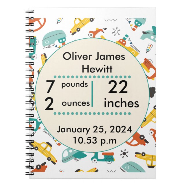 Custom cars  birth statistic's newborn baby  notebook (Front)