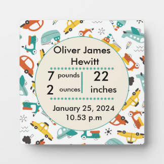 Custom cars birth statistic's newborn baby plaque