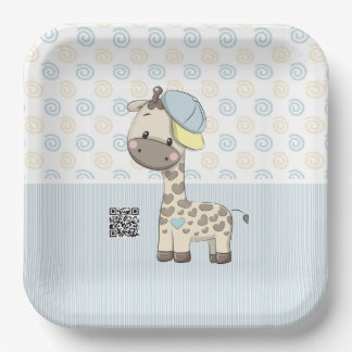 Custom Cartoon Baby Boy Giraffe Paper Plate 