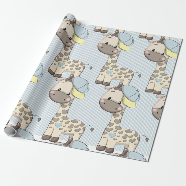 Custom Cartoon Baby Boy Giraffe Wrapping Paper (Unrolled)