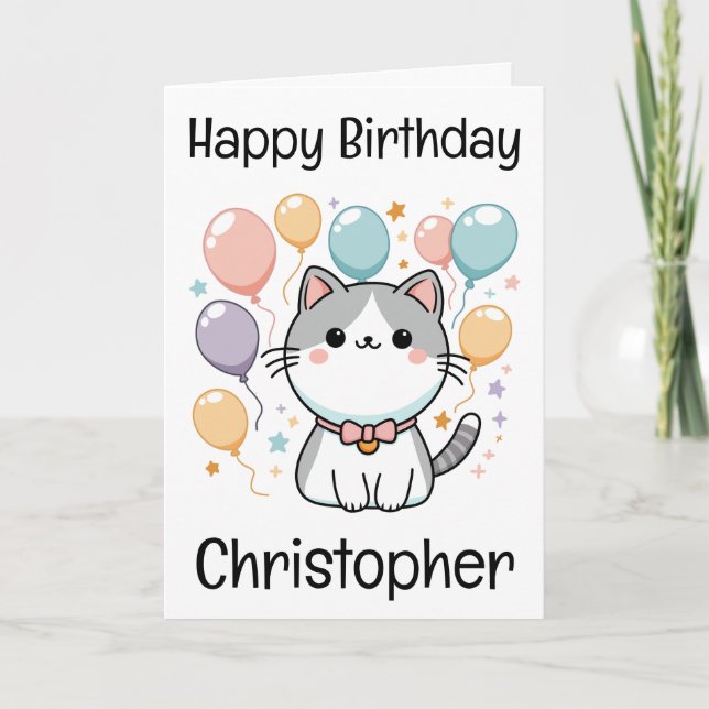 Custom Cartoon Cat And Colourful  Birthday Card (Front)