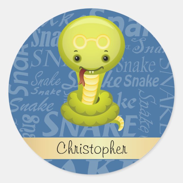 Custom Cartoon Year of the Snake Word Art Classic Round Sticker (Front)