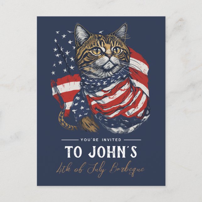 Custom Cat 4th of July Patriotic Party Invitation Postcard (Front)