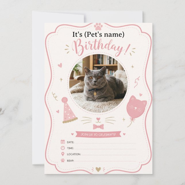 Custom Cat Birthday Invitation with Photo  (Front)