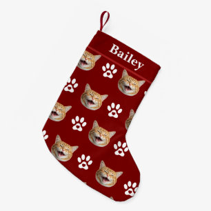 Custom Cat Face & Name Paw Print Small Christmas Stocking