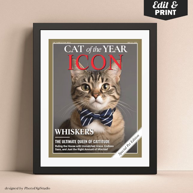 Custom Cat Magazine Cover Template Pet Portrait  Poster (Custom Cat Magazine Cover Template, Cat of the Year Pet Portrait Poster)