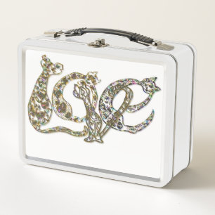 Custom Cat Monogram Font Metallic Pearl Abalone Metal Lunch Box