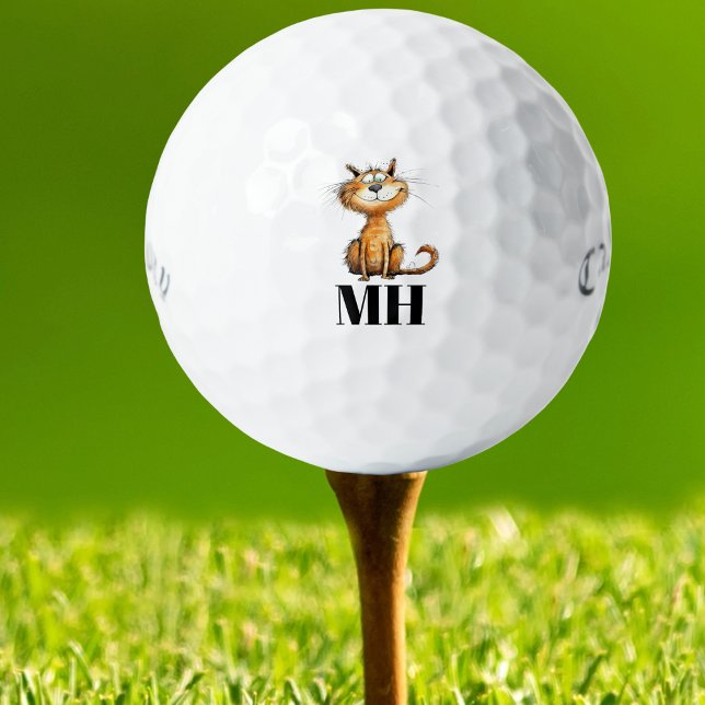Custom Cat Monogrammed Golf Balls (Custom golf ball with funny watercolor cat design and monogrammed initials, perfect gift.)
