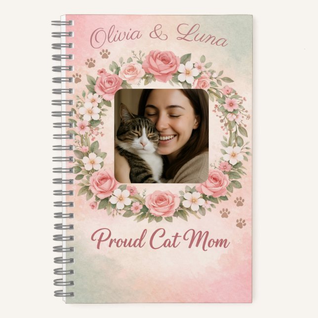Custom Cat Mum with Photo & Name Floral Notebook (Front)