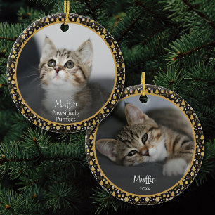 Custom Cat Name 2 Photo Black Gold Christmas Ceramic Tree Decoration