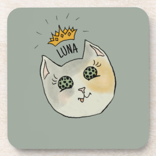 Custom Cat Name Art - Chubby White Cat with Crown Coaster