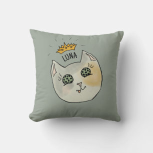 Custom Cat Name Art - Chubby White Cat with Crown Cushion