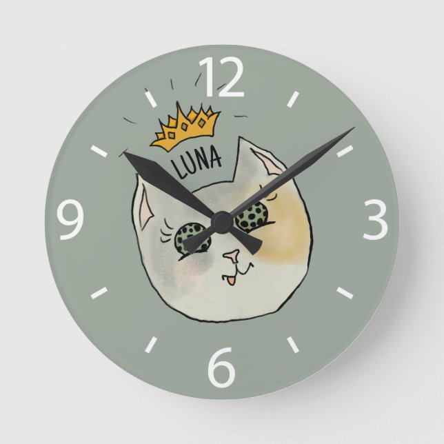 Custom Cat Name Art - Chubby White Cat with Crown Round Clock (Front)