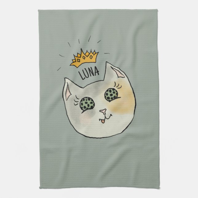 Custom Cat Name Art - Chubby White Cat with Crown Tea Towel (Vertical)