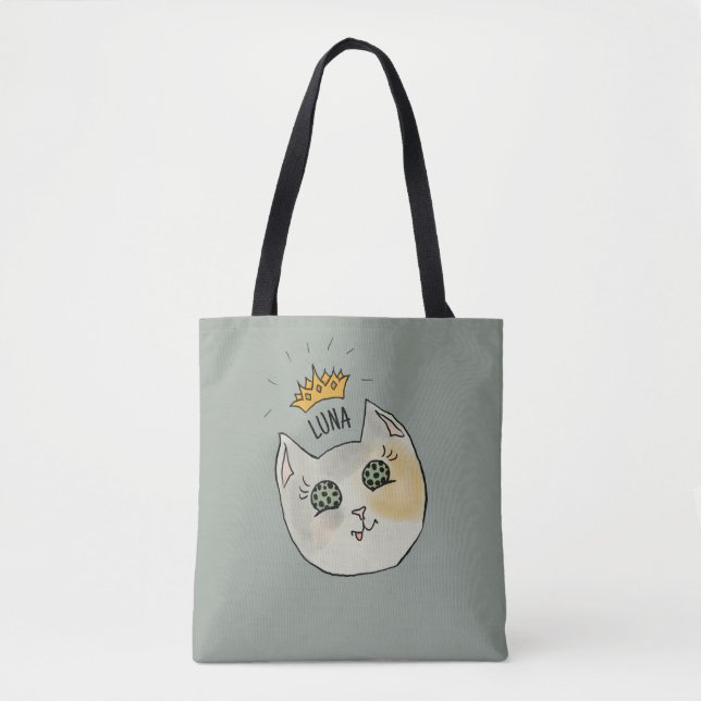 Custom Cat Name Art - Chubby White Cat with Crown Tote Bag (Front)