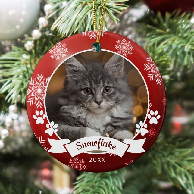 Custom Cat Pet Photo Paw Prints Red Christmas Ceramic Tree Decoration (Creator Uploaded)