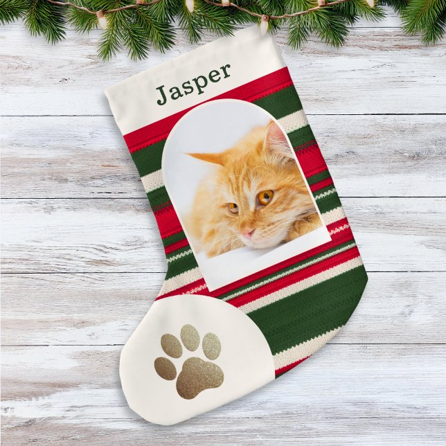 Custom Cat Photo and Name Red Green Striped Small Christmas Stocking (A festive Christmas stocking for your pet cat, with red and green stripes and custom name)