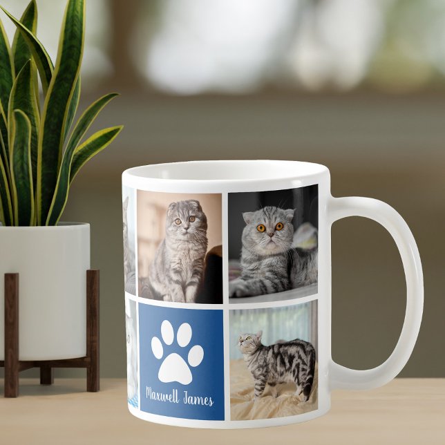 Custom Cat Photo Collage Blue Paw Print Cute Coffee Mug (Creator Uploaded)