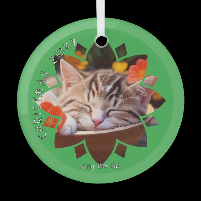 Custom Cat Photo Framed in Flower on Green  Glass Tree Decoration (Creator Uploaded)