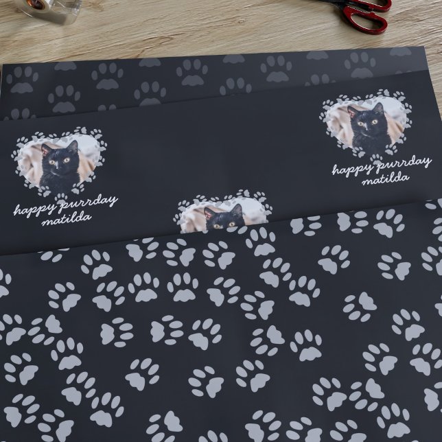 Custom Cat Photo Paw Print Pet Birthday Black Wrapping Paper Sheet (Creator Uploaded)