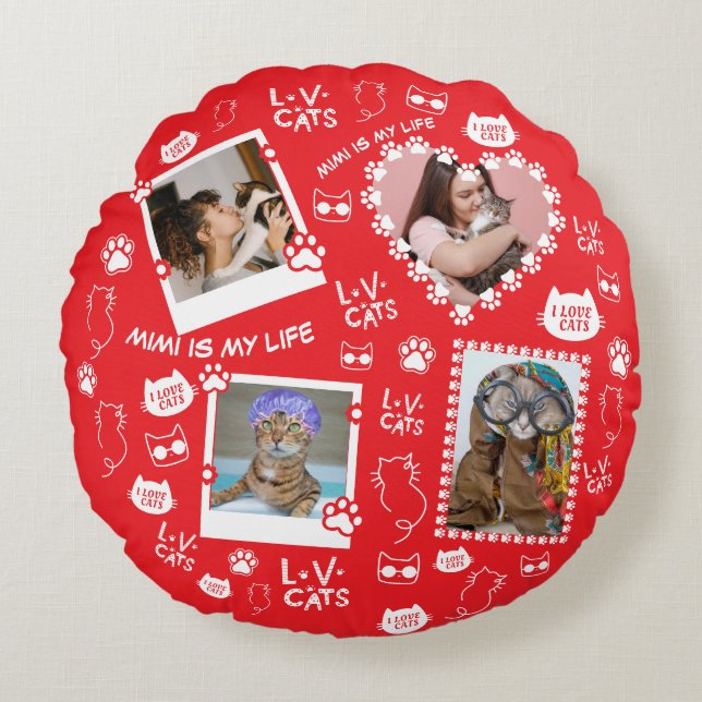 Custom Cat Pillow with Face Photos & Cat Name  (Front)