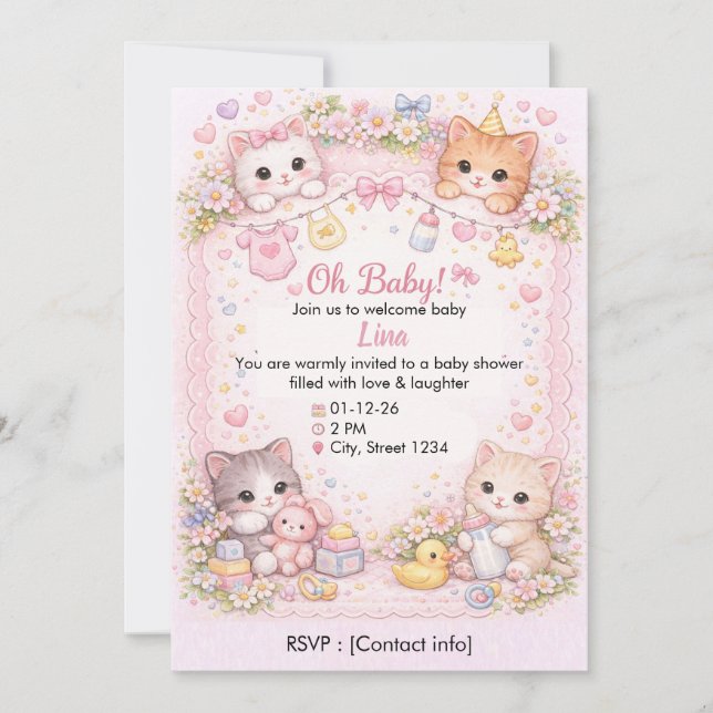 Custom Cat-Themed Baby Shower Invitation  (Front)