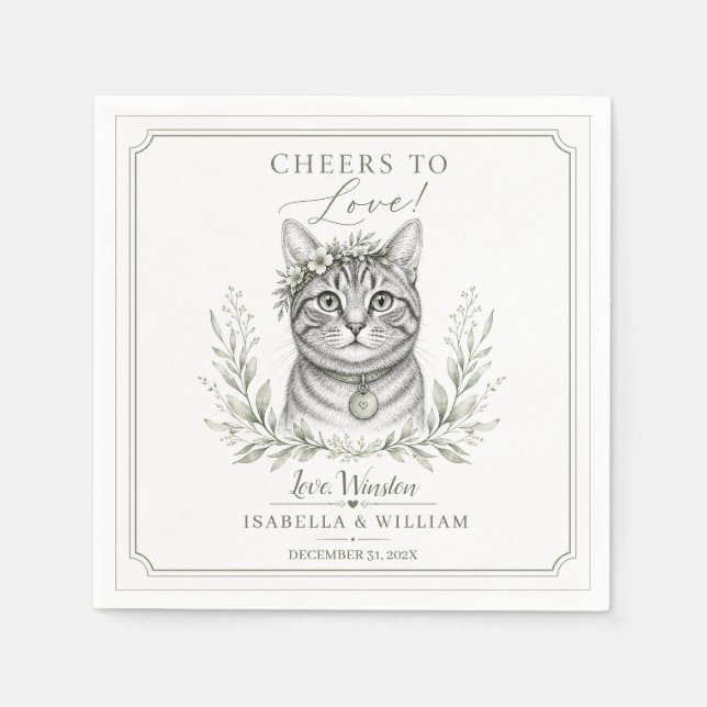 Custom Cat Wedding Pet Floral Printable Keepsake Napkin (Front)