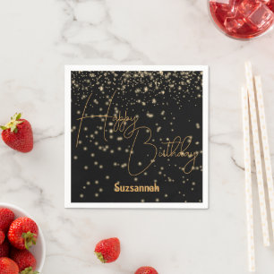 Custom Celebration Glowing Gold Confetti On Black Napkin