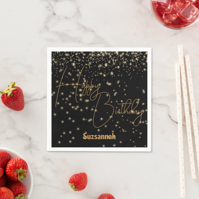 Custom Celebration Glowing Gold Confetti On Black  Napkin (Insitu)