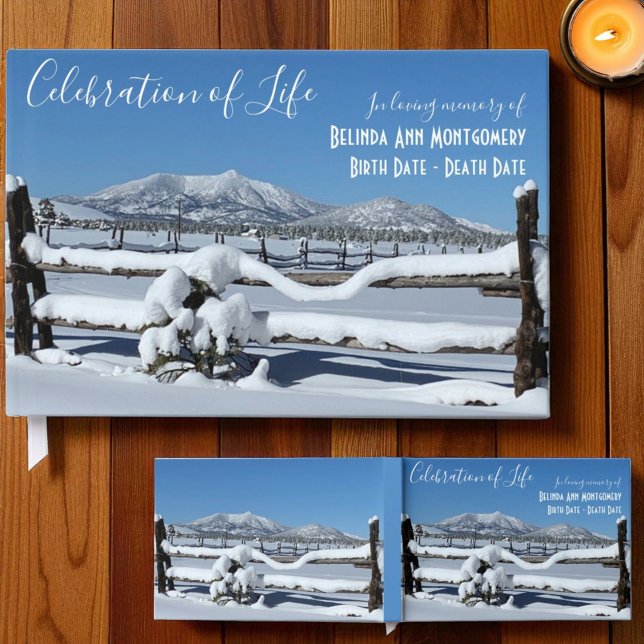Custom Celebration Of Life Fresh Winter Snow Scene Guest Book (Guestbook template front cover and full view front and back. )