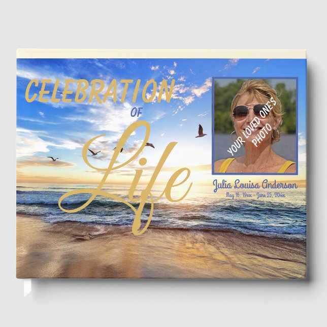 Custom Celebration Of Life Sunrise Ocean Photo Guest Book (Front)