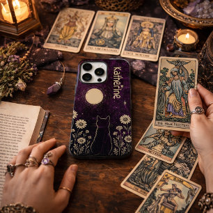 Custom Celestial Cat Floral Purple iPhone 16 Pro Case