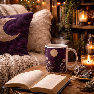 Custom Celestial Cat Floral Purple Coffee Mug