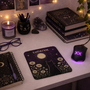 Custom Celestial Cat Floral Purple Mouse Mat