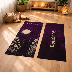 Custom Celestial Cat Floral Purple Yoga Mat
