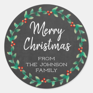 Custom Chalkboard Merry Christmas Holly Wreath Classic Round Sticker