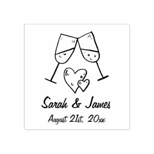 Custom Champagne Hearts Names and Wedding Date Rubber Stamp