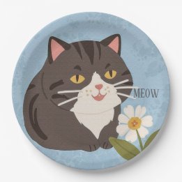 Custom Charming Cute Gray Cat & Chamomile FLower Paper Plate