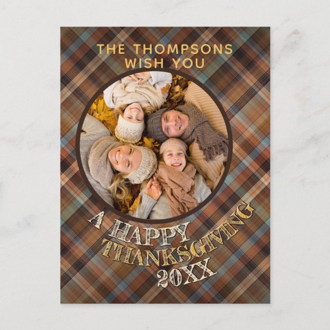 Custom Cheerful Cute Thanksgiving Plaid Pattern Postcard (Front)