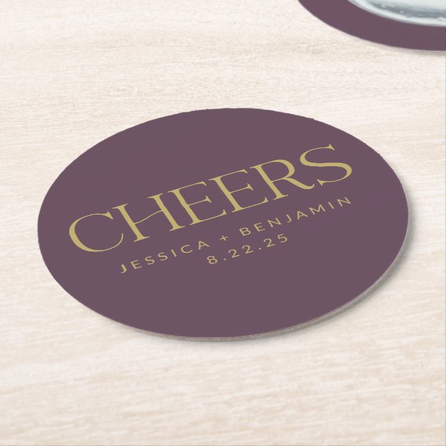 Custom Cheers Dark Purple Plum Gold Wedding Round Paper Coaster (Angled)