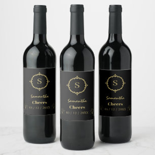Custom Cheers Name Monogram Black Gold Wine Label