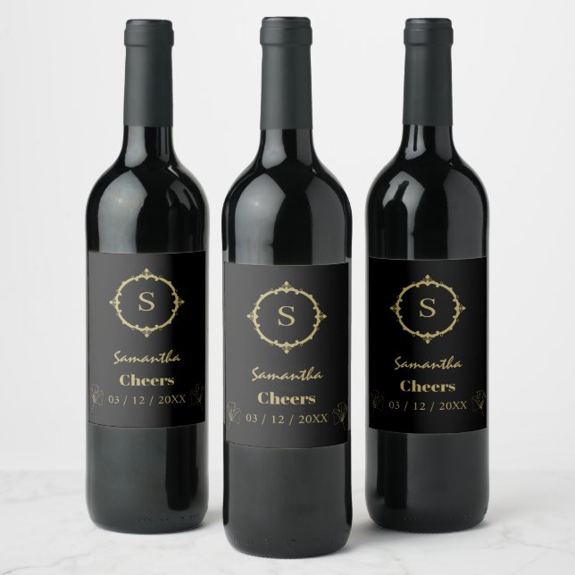 Custom Cheers Name Monogram Black Gold Wine Label (Bottles)