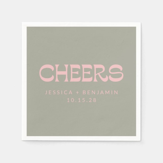 Custom Cheers Sage Green Pink Chic Modern Wedding Napkin (Front)