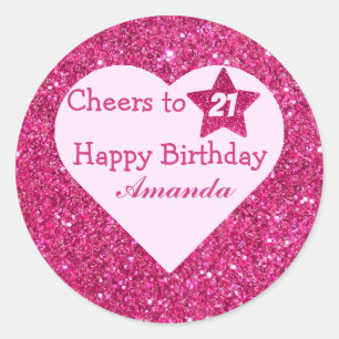 Custom Cheers to 21 Cute Pink Glitter Happy bday  Classic Round Sticker