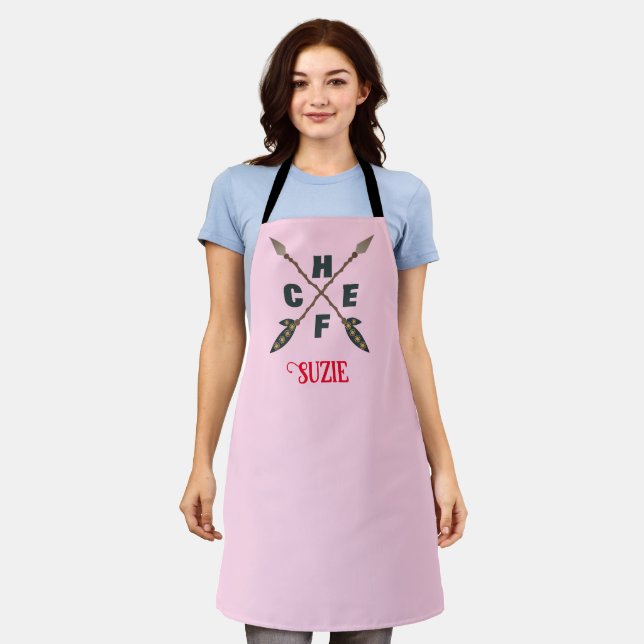Custom Chef Name Personalised Womens Pink Apron (Worn)