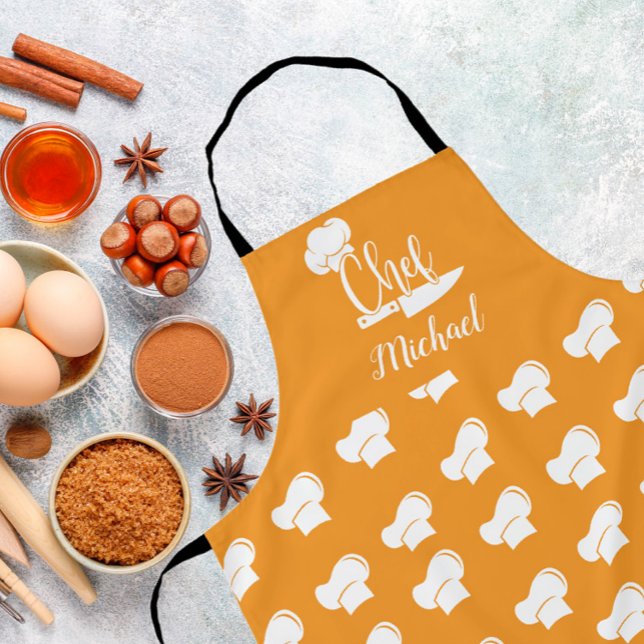 Custom Chef with Name Orange & White Chef Hat Apron (Creator Uploaded)