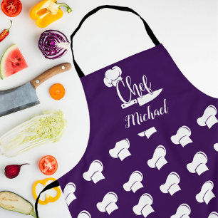 Custom Chef with Name Purple & White Chef Hat Apron