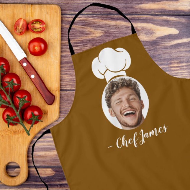 Custom Chef with Photo & Name Cooking Gift Brown Apron (Creator Uploaded)