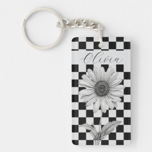 Custom Chequerboard Daisy Flower Key Ring